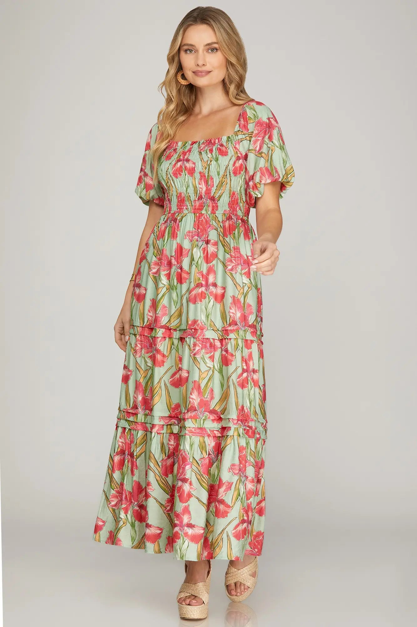 Puff Sleeve Smocked Midi Dress / mint : pink