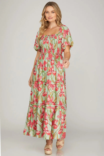 Puff Sleeve Smocked Midi Dress / mint : pink