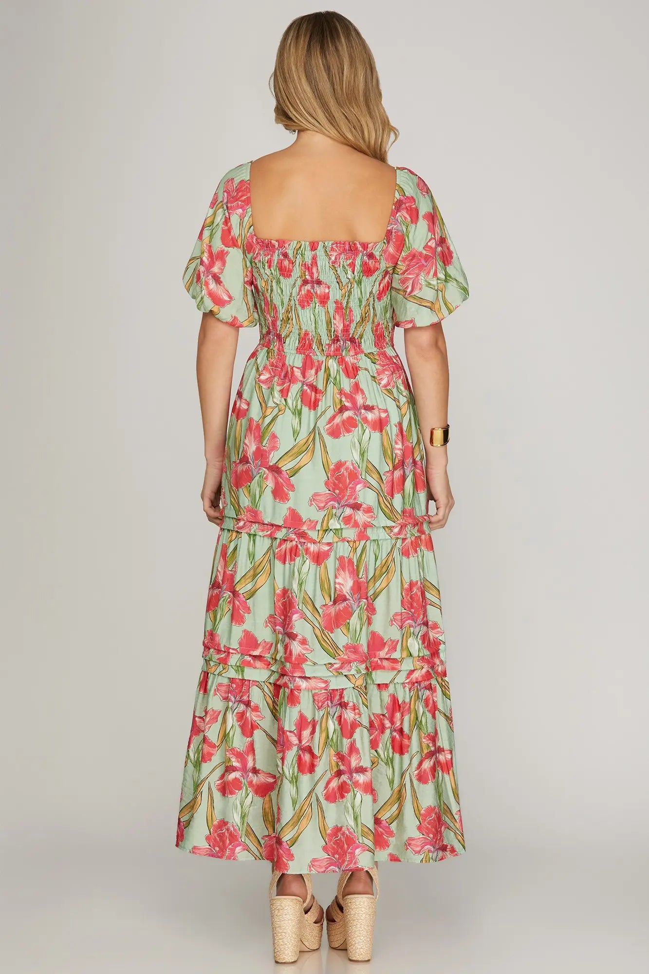 Puff Sleeve Smocked Midi Dress / mint : pink
