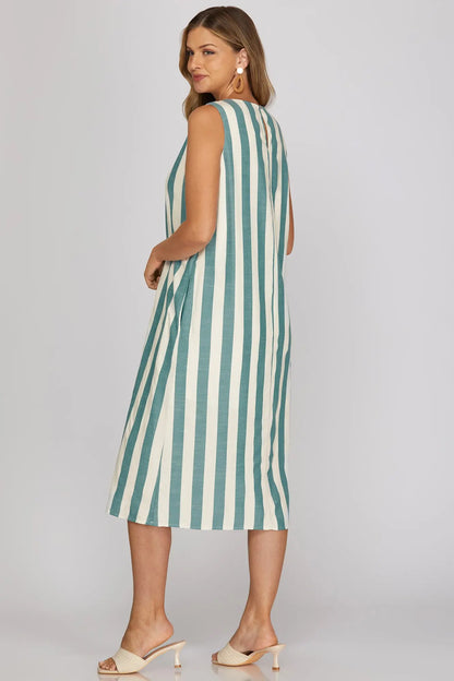 SLEEVELESS WOVEN STRIPE MIDI DRESS WITH POCKETS : TEAL