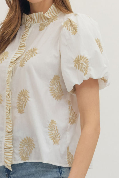 Entro Botanical embroidered short puff sleeve top : white / tan