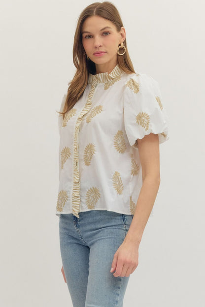 Entro Botanical embroidered short puff sleeve top : white / tan