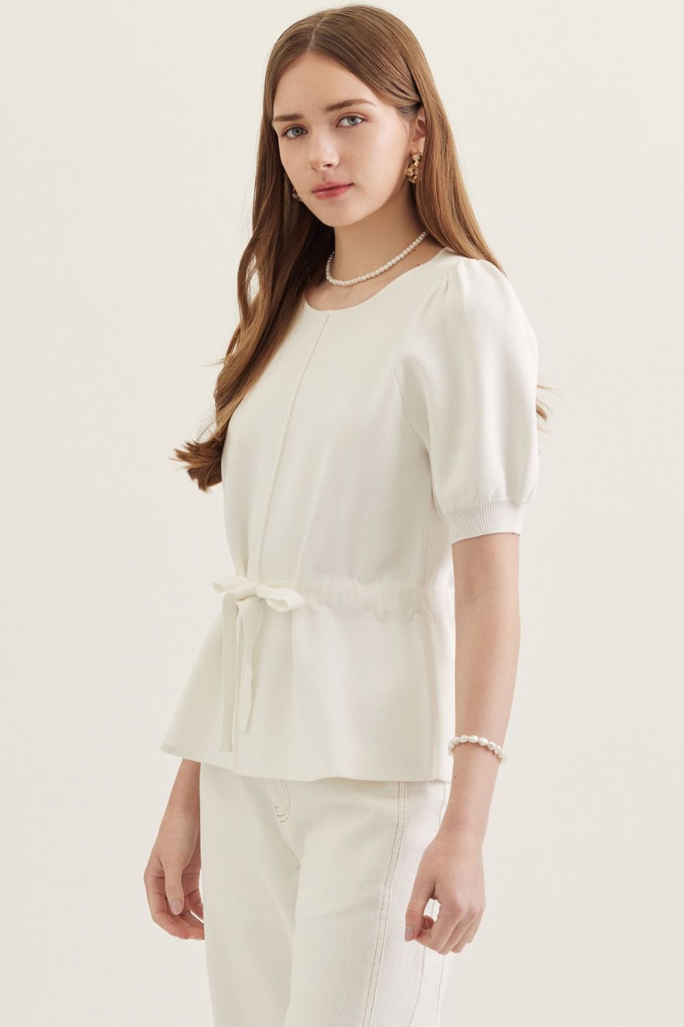 Entro tie waist puff sleeve knit top