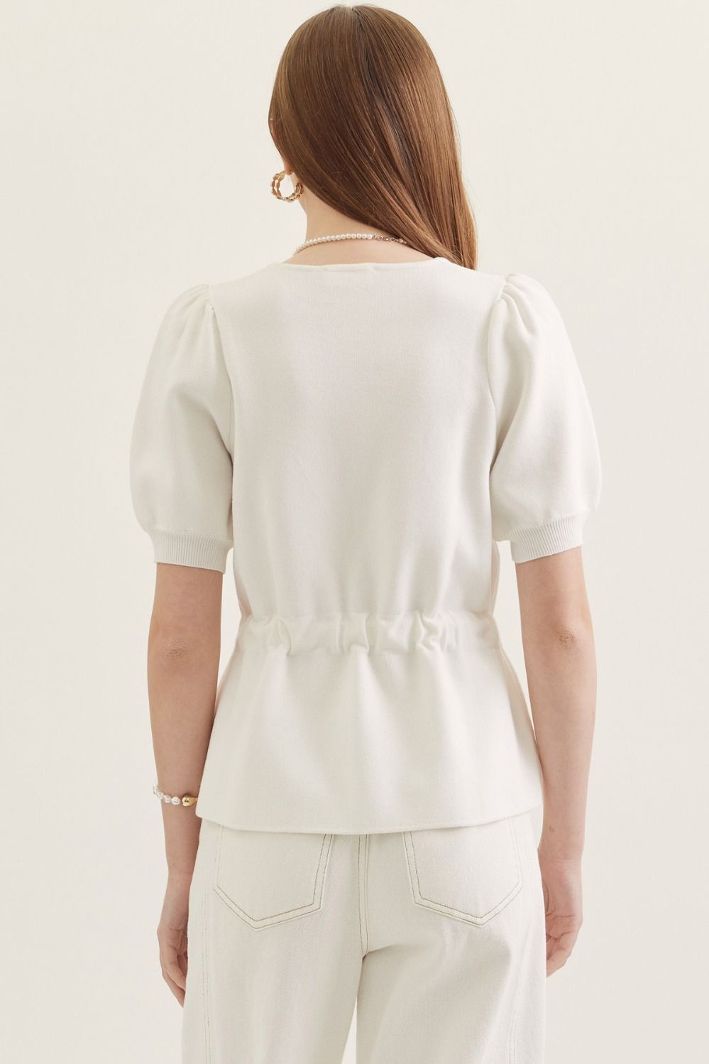 Entro tie waist puff sleeve knit top