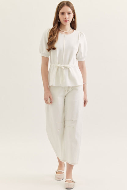 Entro tie waist puff sleeve knit top