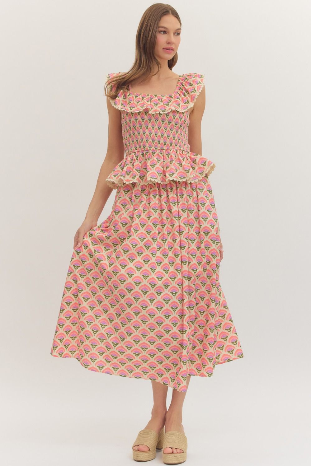 Entro floral smocked blouse with ruffle sleeves