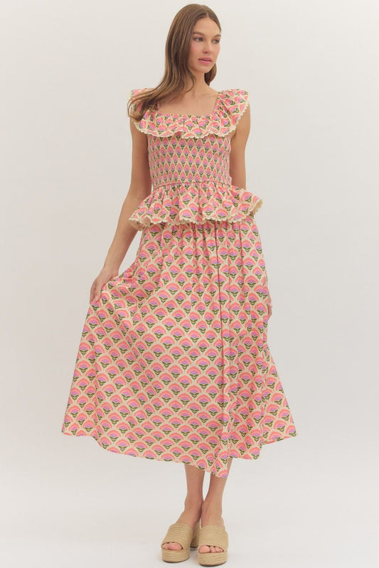 Entro floral smocked blouse with ruffle sleeves