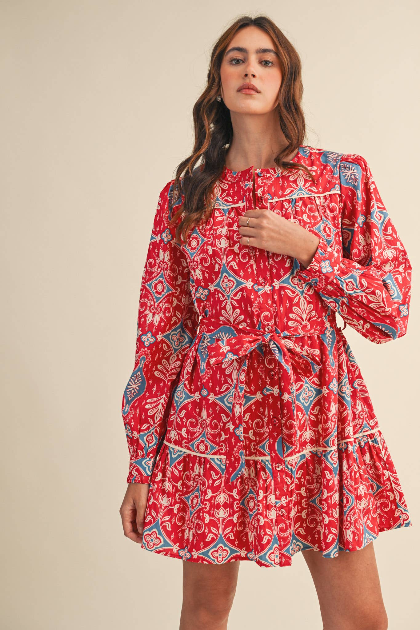 &MERCI EXCLUSIVE PRINT LONG SLEEVE BUTTON DOWN MINI DRESS
