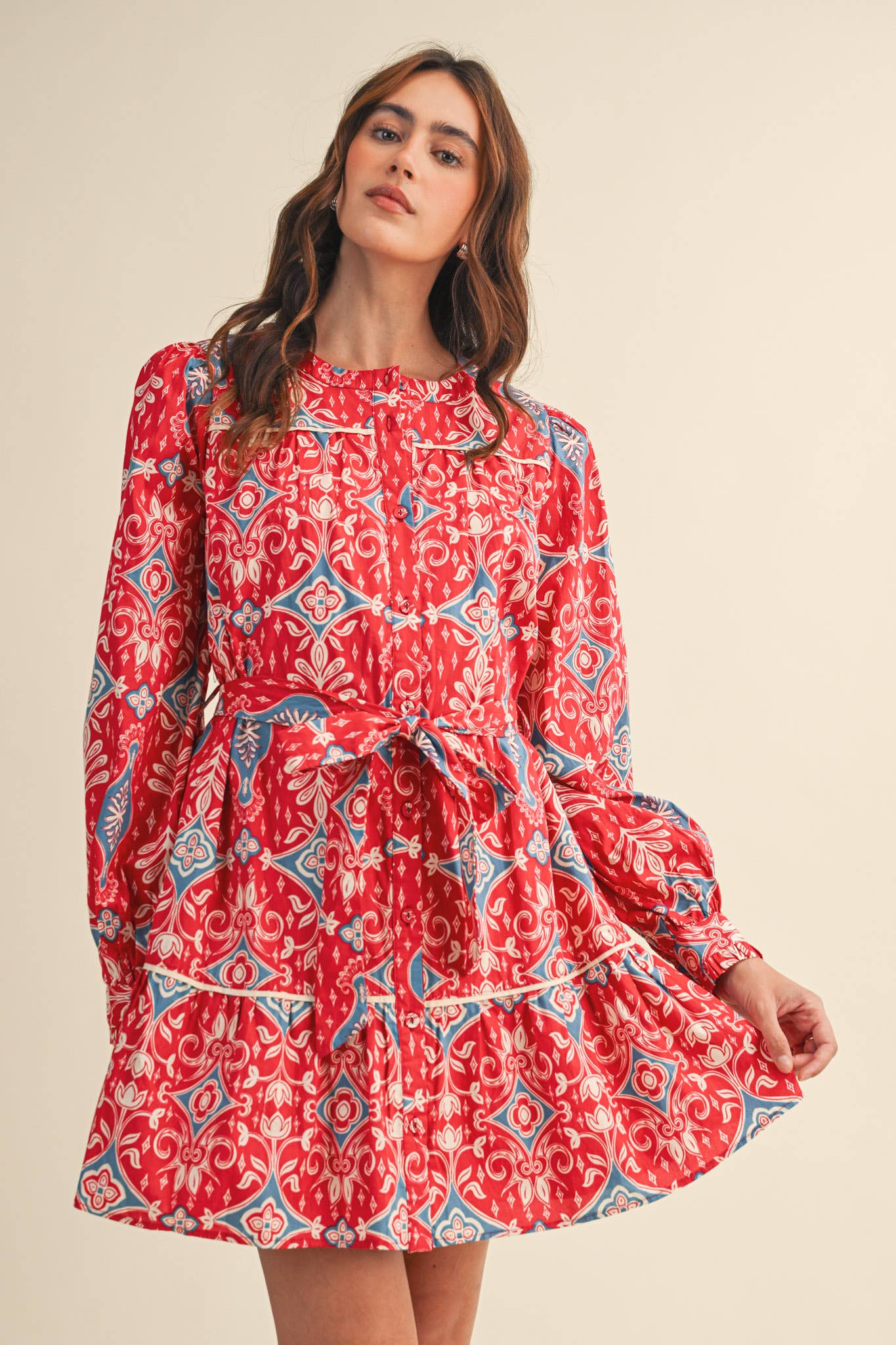 &MERCI EXCLUSIVE PRINT LONG SLEEVE BUTTON DOWN MINI DRESS