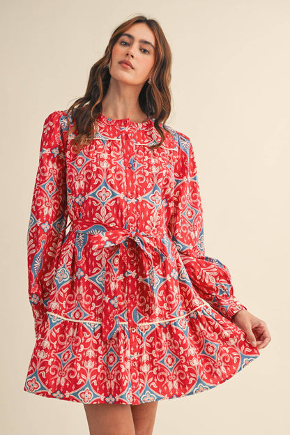 &MERCI EXCLUSIVE PRINT LONG SLEEVE BUTTON DOWN MINI DRESS