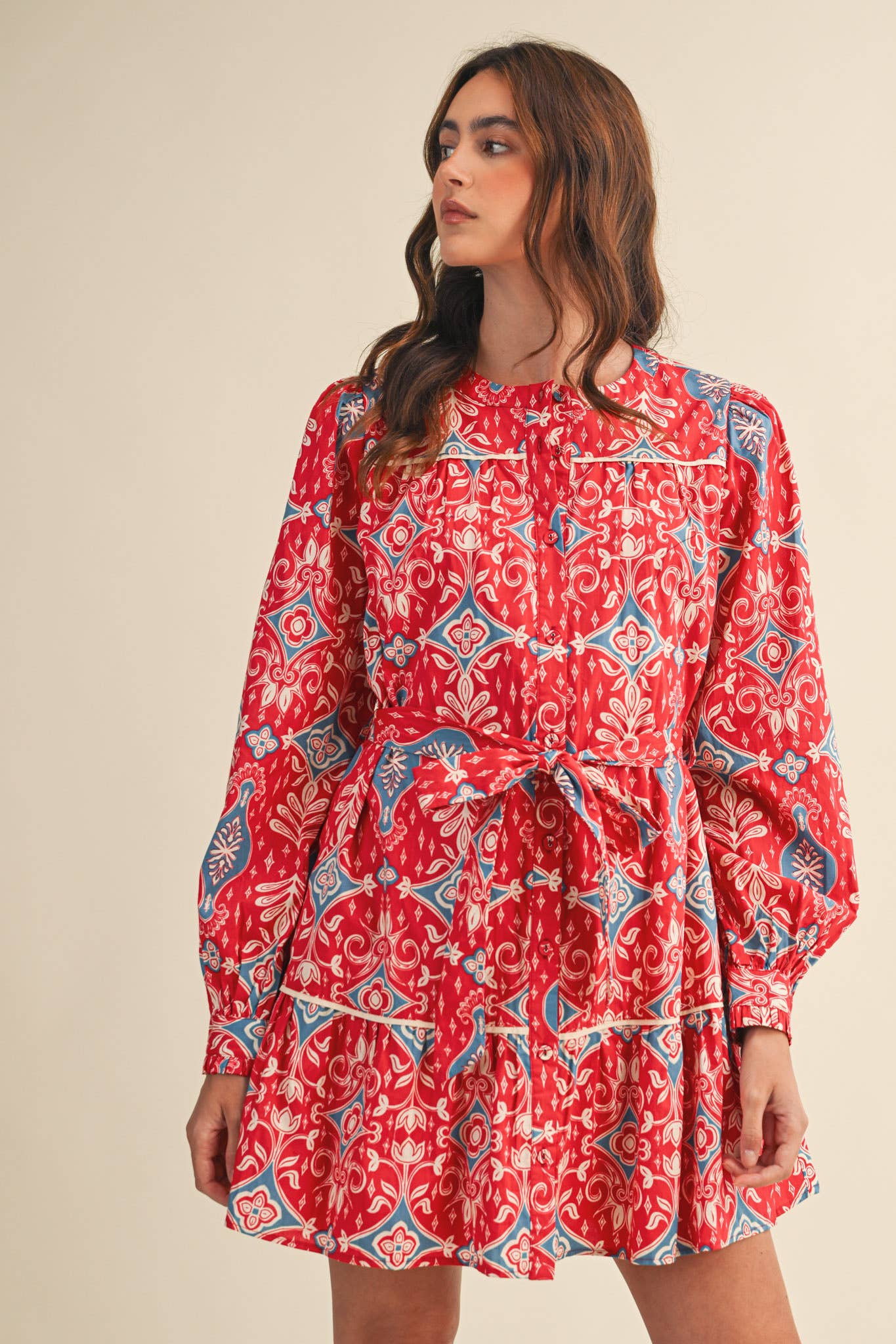 &MERCI EXCLUSIVE PRINT LONG SLEEVE BUTTON DOWN MINI DRESS