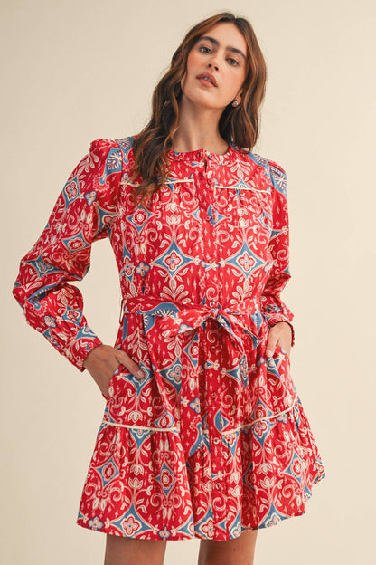 &MERCI EXCLUSIVE PRINT LONG SLEEVE BUTTON DOWN MINI DRESS