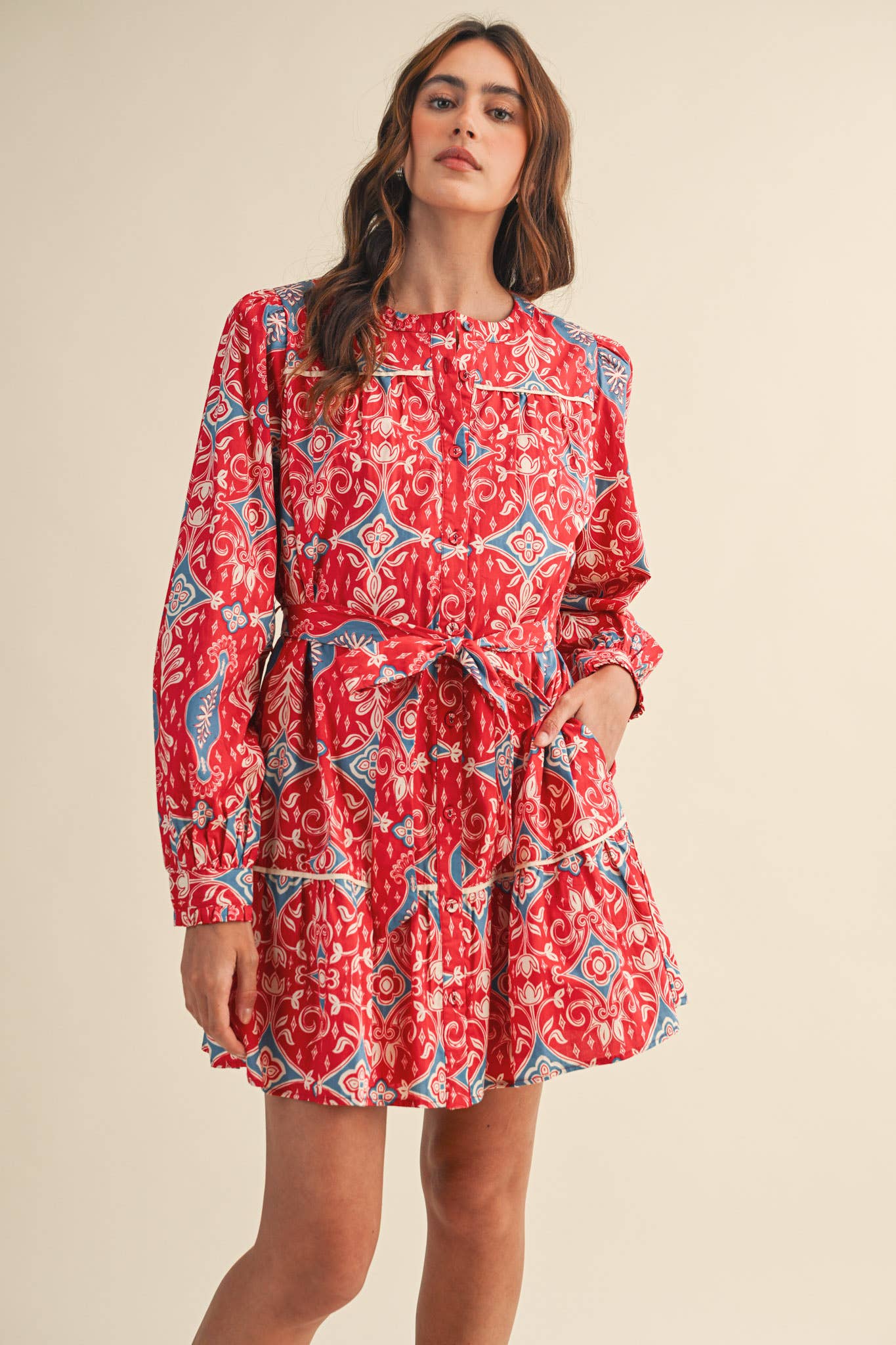 &MERCI EXCLUSIVE PRINT LONG SLEEVE BUTTON DOWN MINI DRESS