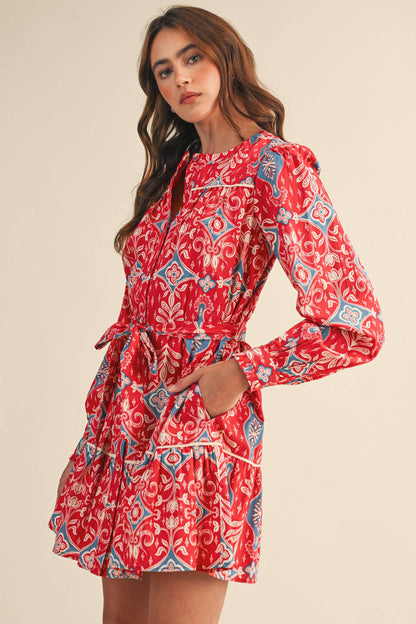 &MERCI EXCLUSIVE PRINT LONG SLEEVE BUTTON DOWN MINI DRESS
