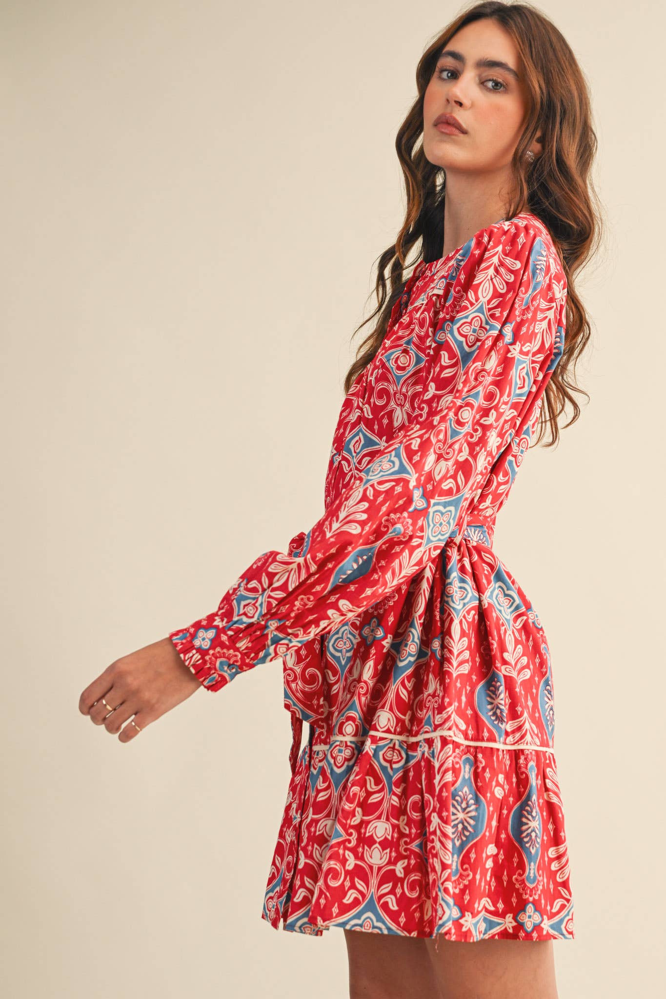 &MERCI EXCLUSIVE PRINT LONG SLEEVE BUTTON DOWN MINI DRESS