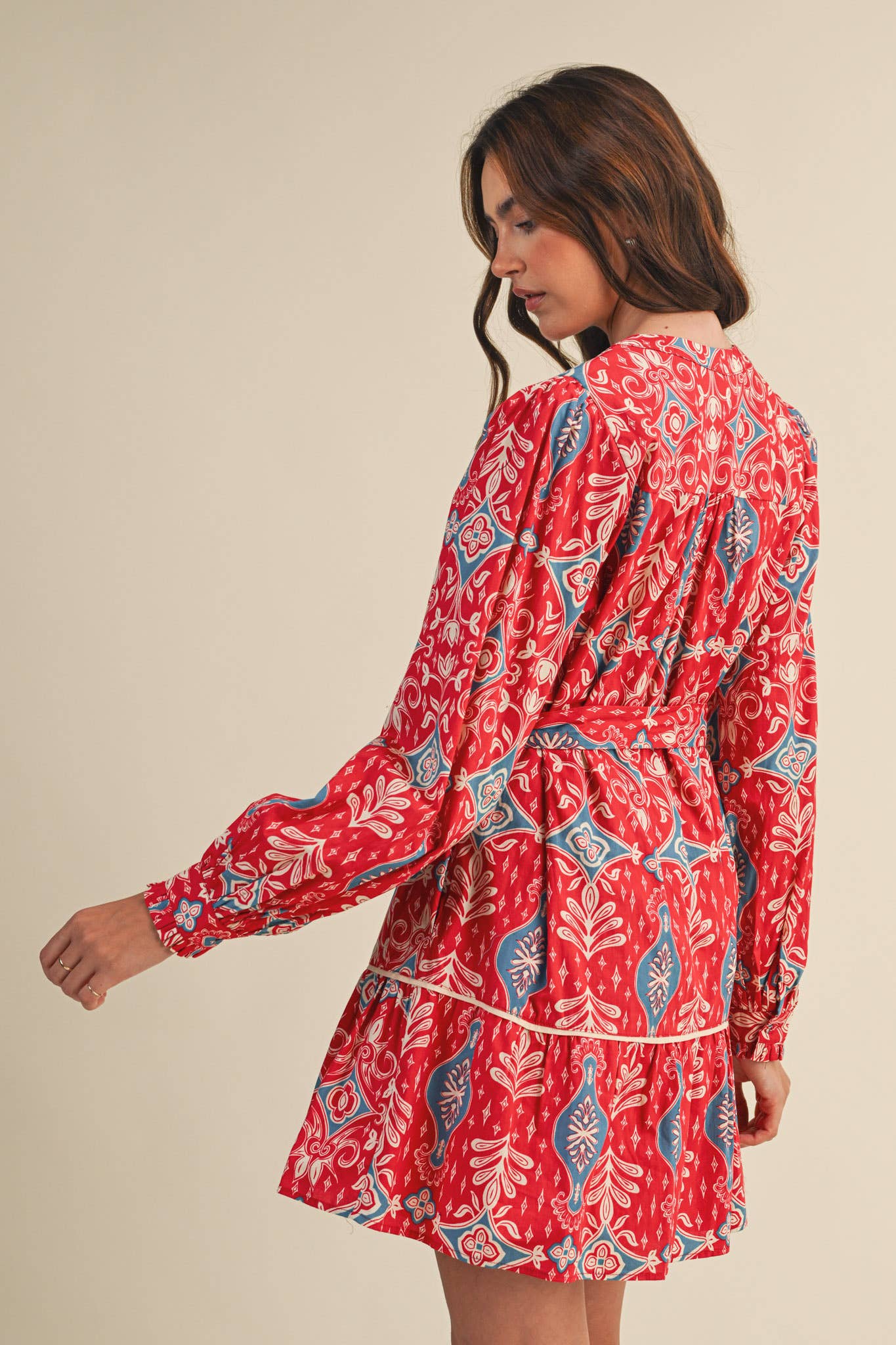 &MERCI EXCLUSIVE PRINT LONG SLEEVE BUTTON DOWN MINI DRESS