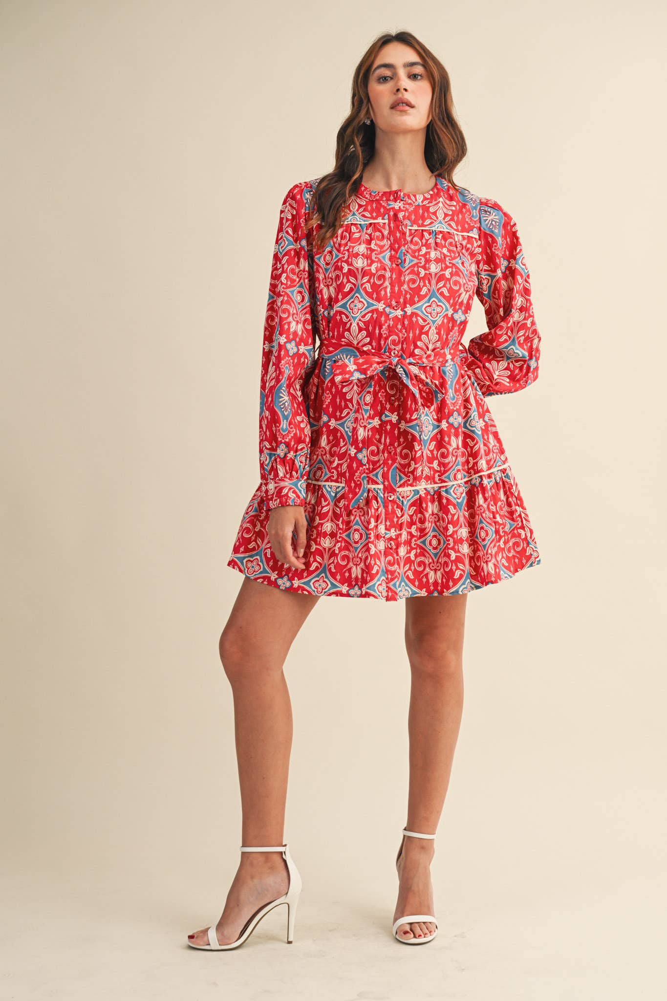 &MERCI EXCLUSIVE PRINT LONG SLEEVE BUTTON DOWN MINI DRESS