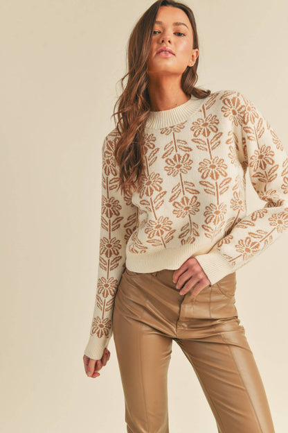 Floral Knit Sweater : Taupe Beige