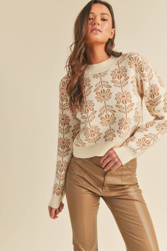Floral Knit Sweater : Taupe Beige
