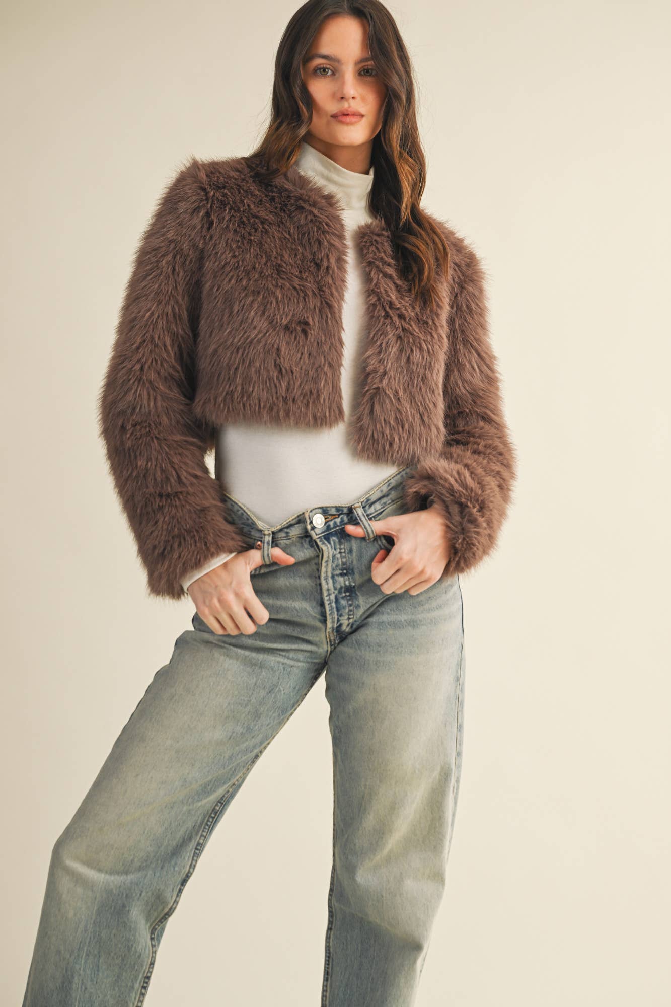 Mocha CROPPED FAUX FUR JACKET