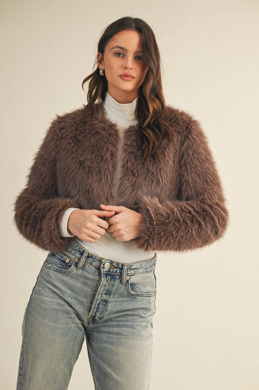 Mocha CROPPED FAUX FUR JACKET