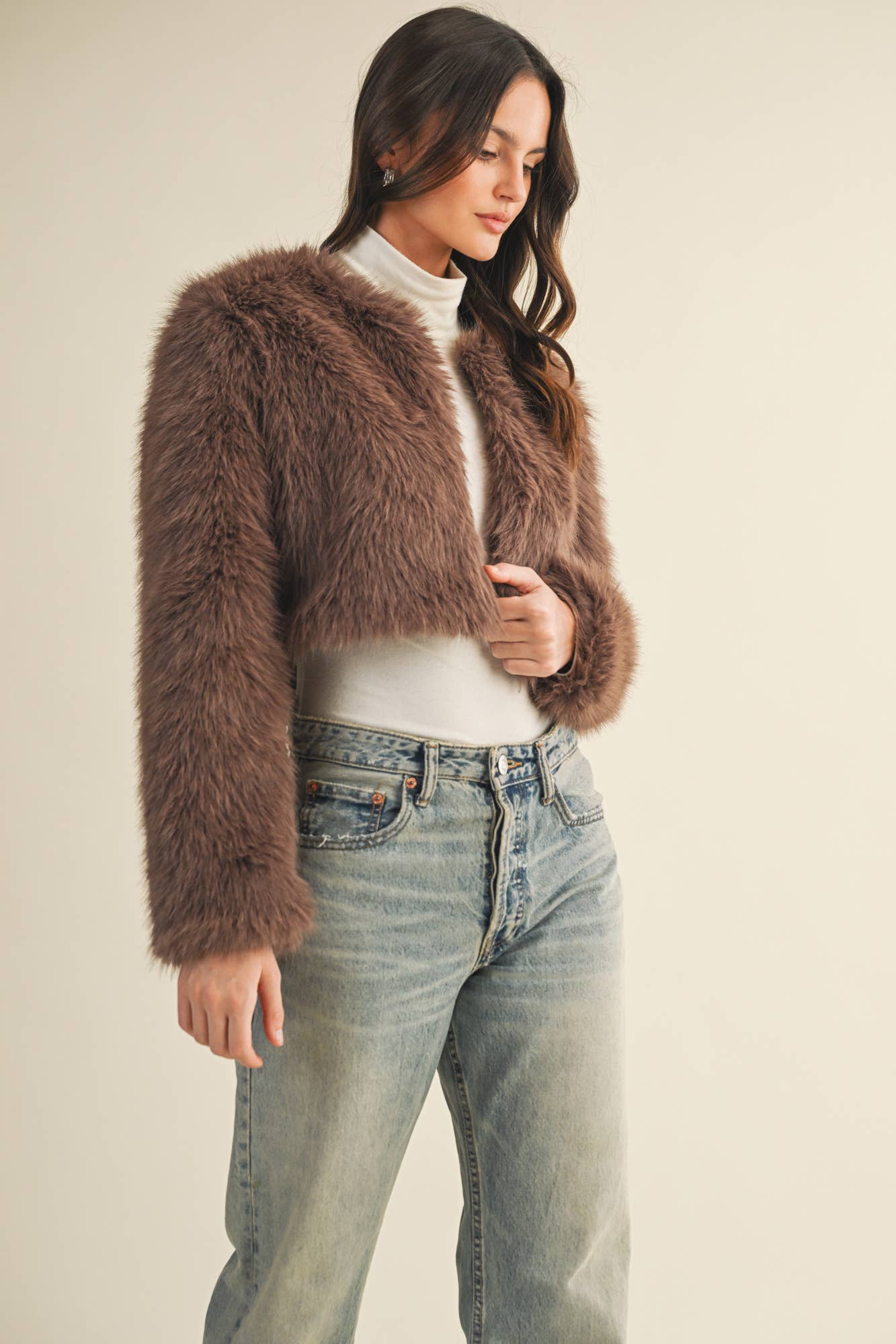 Mocha CROPPED FAUX FUR JACKET