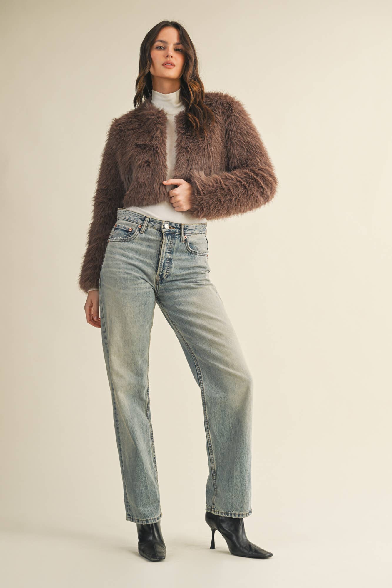 Mocha CROPPED FAUX FUR JACKET