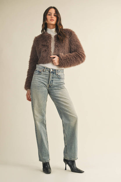 Mocha CROPPED FAUX FUR JACKET