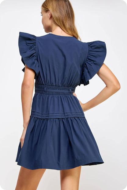 Strut & Bolt: Flutter Sleeve Poplin mini dress - NAVY