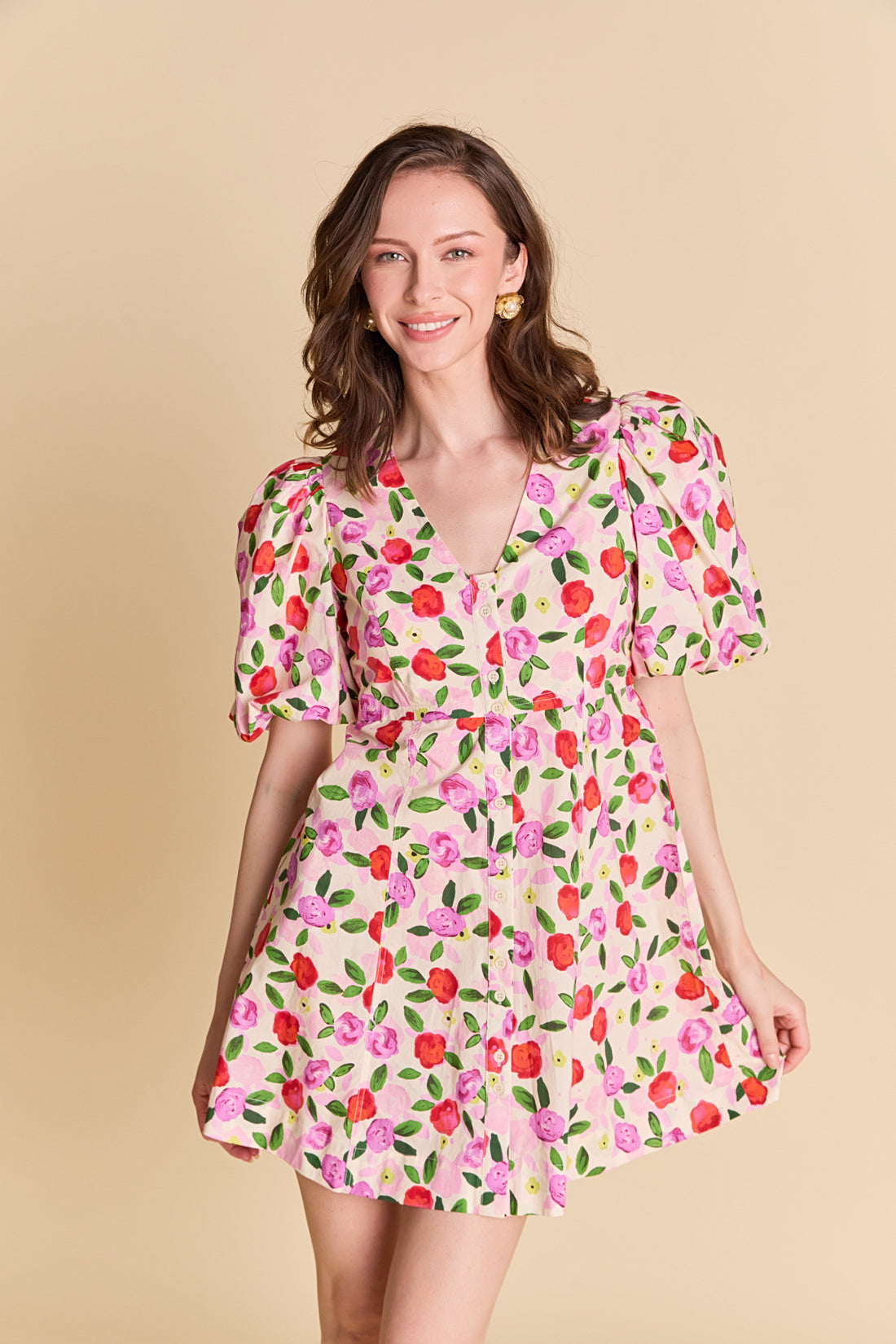 La’Ven Floral Print Mini Dress With Button Detail