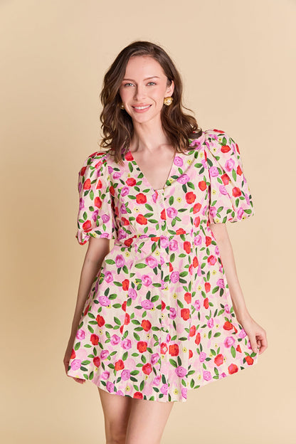 La’Ven Floral Print Mini Dress With Button Detail
