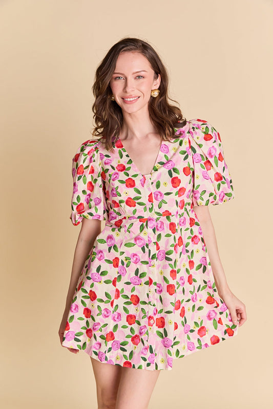 La’Ven Floral Print Mini Dress With Button Detail