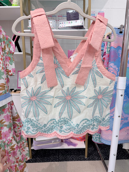 Entro embroidered tank top with faux bow shoulder : coral / blue