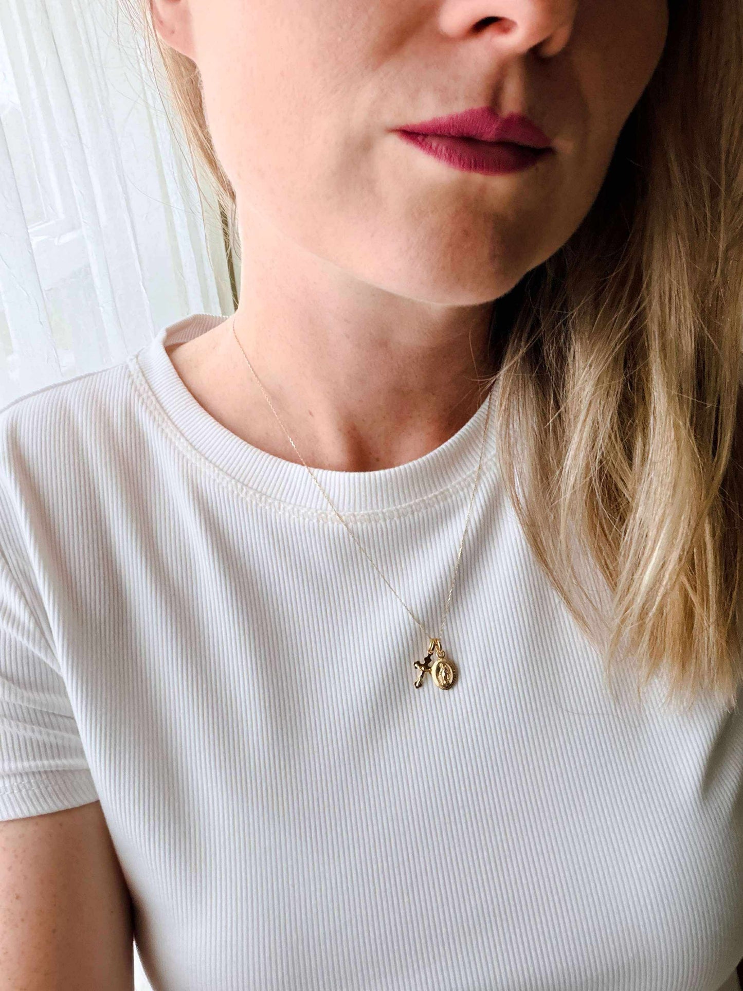 18k Gold Filled Mini Double Sided Lady of Grace Medal Pendant