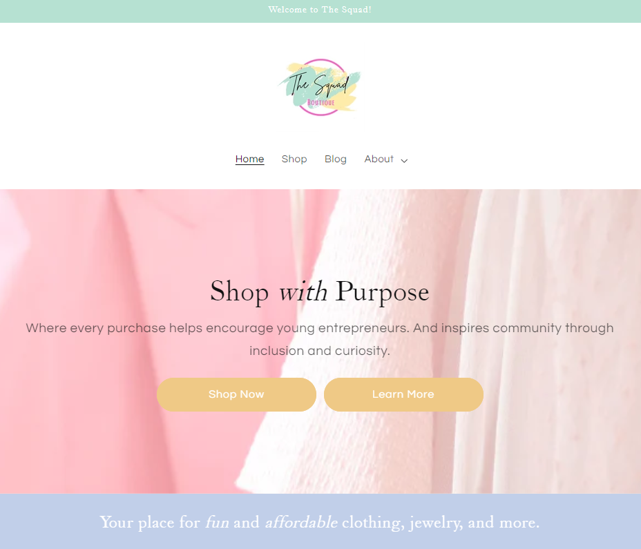 The Squad Boutiques above the fold website image