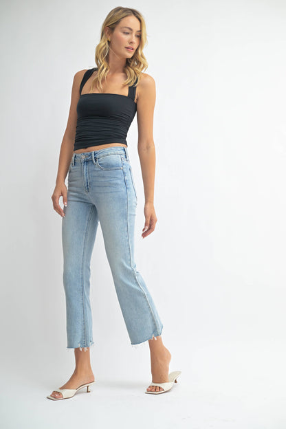 JBD -High Rise Crop Flare w/ Distressed Hem: Light Denim