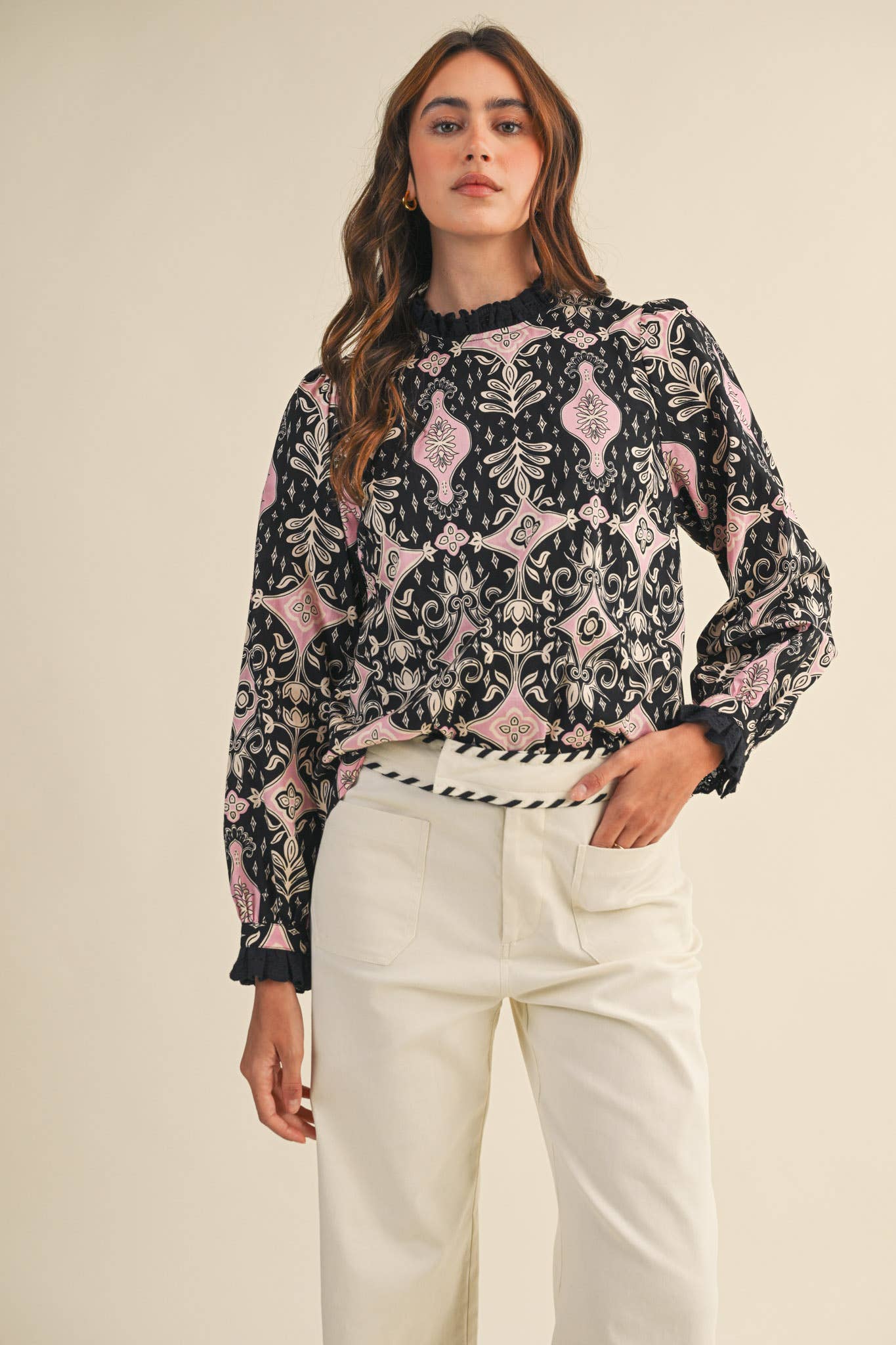 RUFFLE LACE TRIM MOCK NECK TOP