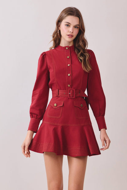 Contrast Topstitching Mock Neck Dress
