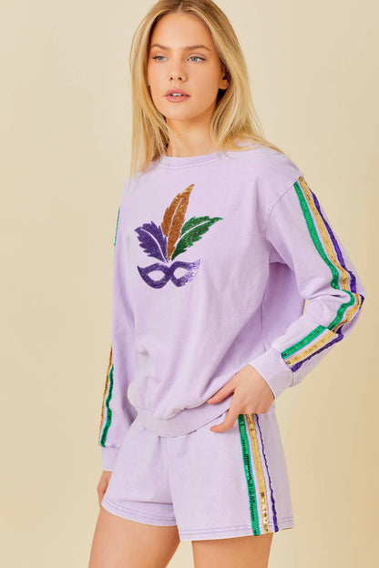 Mardi Grass Sequin Stripe Trim Short: LAVENDER / S