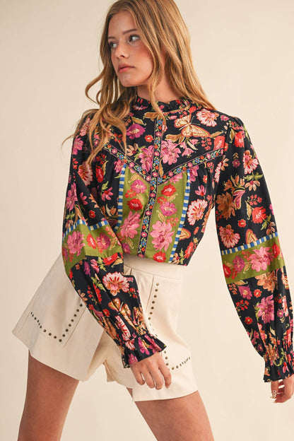 EXCLUSIVE FLORAL BORDER PRINT TOP WITH EMBROIDERED FLORAL TRIM