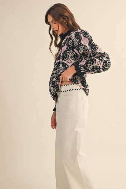 RUFFLE LACE TRIM MOCK NECK TOP