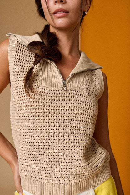 Open Knit Zip Collar Sleeveless Sweater -