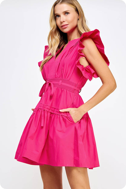 Strut & Bolt: Flutter Sleeve Poplin Mini Dress - FUSCHIA