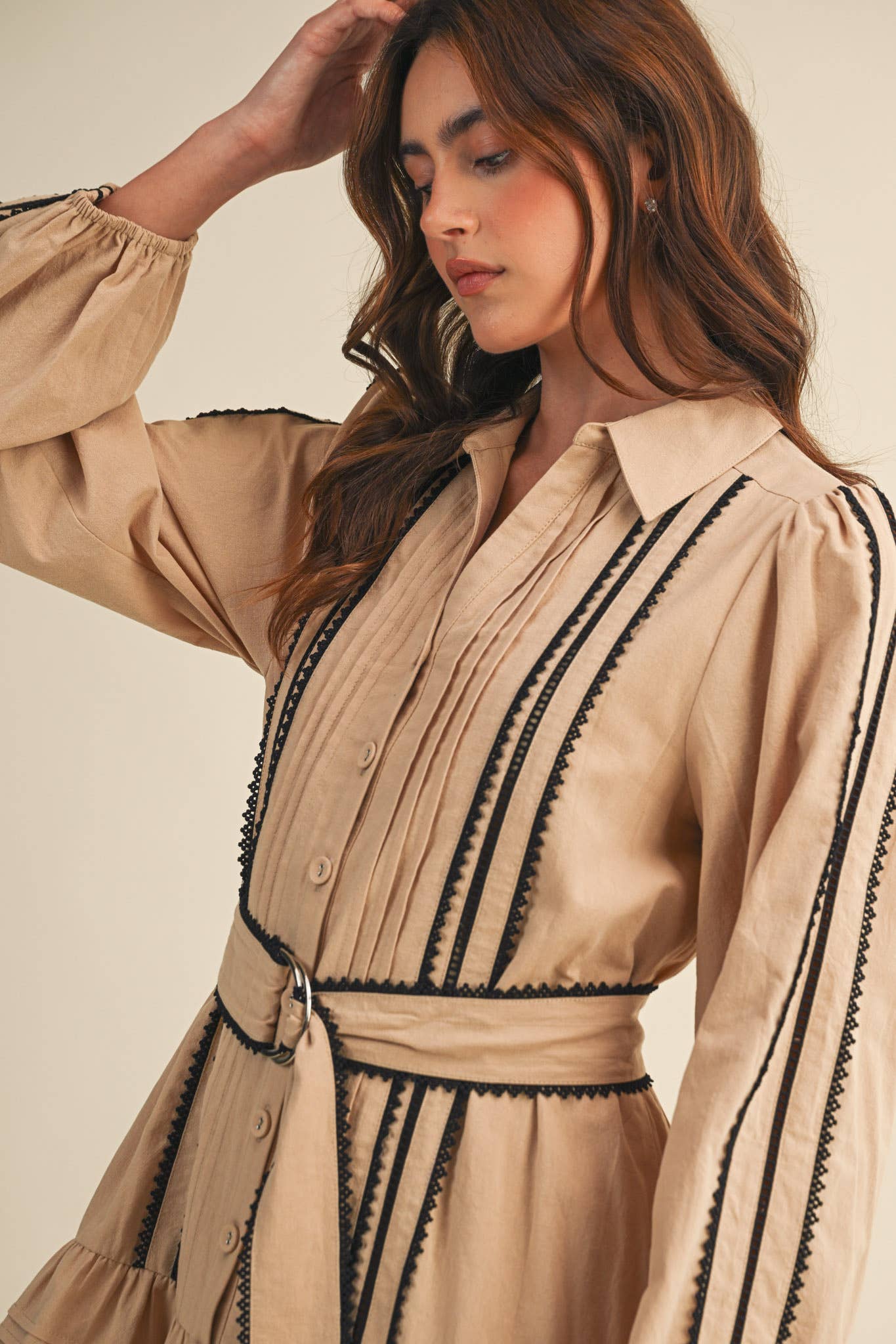CONTRAST LACE TRIM BELTED MINI DRESS by &Merci