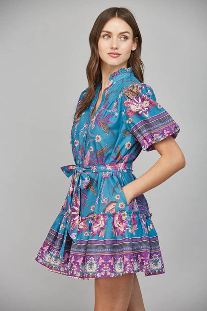 FATE: SELF SASH RUFFLED V-NECK SHORT SLEEVE MINI DRESS