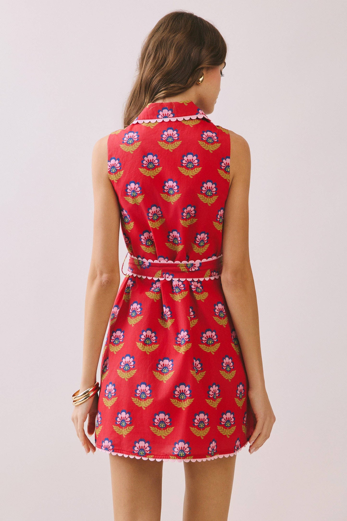 TCEC Floral Print Contrast Scalloped Trim Detail Dress