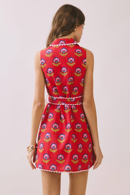 TCEC Floral Print Contrast Scalloped Trim Detail Dress