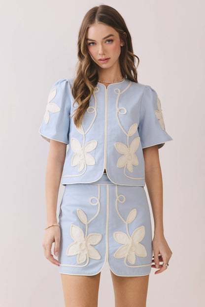 TCEC Embroidered Appliqué Floral Short Puff Sleeve Structured Skirt Set / BLUE