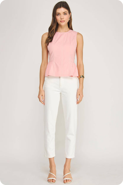 Top-stitch Poplin Sleeveless Top - CORAL PINK