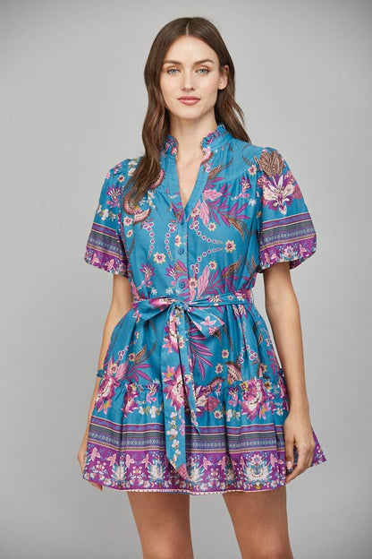 FATE: SELF SASH RUFFLED V-NECK SHORT SLEEVE MINI DRESS